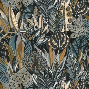 Casamance|Tropische Tapete Karibikblumen grün|Tropische