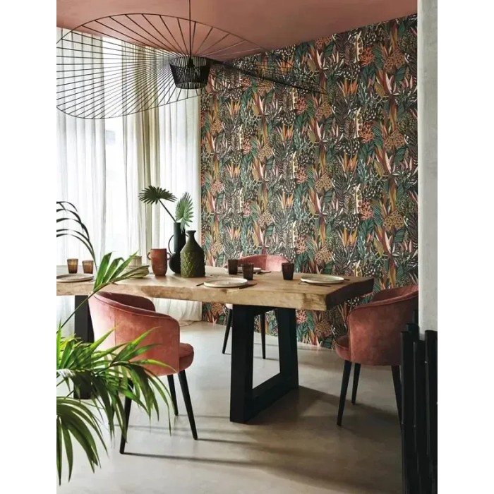 Casamance|Tropische Tapete Karibikblumen grün-blau|Ethnisch