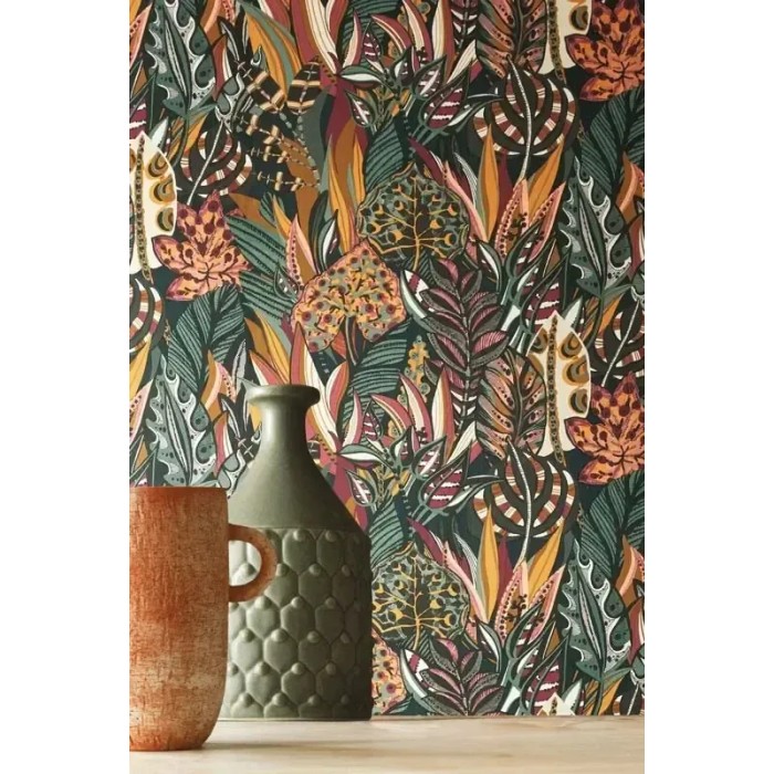 Casamance|Papier peint tropical fleurs caraïbes vert et bleu|Ethnique