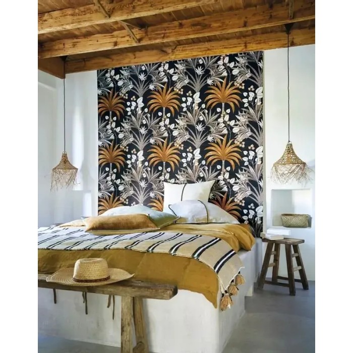 Casamance|Tropische Tapete Karibikblumen schwarz-weiß|Ethnisch
