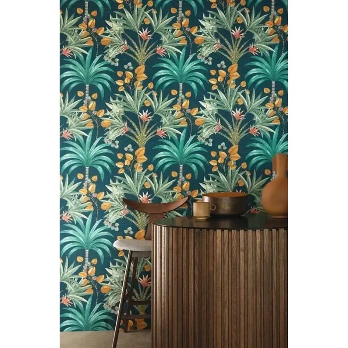 Casamance|Papier peint tropical fleurs caraïbes vert turquoise|Tropical