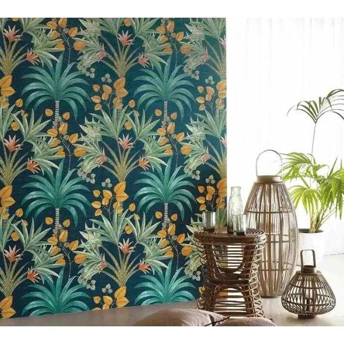 Casamance|Tropische Tapete Karibikblumen türkisgrün|Tropische