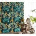 Casamance|Papier peint tropical fleurs caraïbes vert turquoise|Tropical