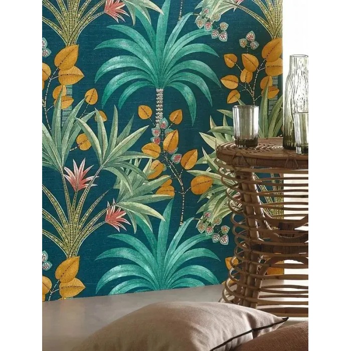 Casamance|Papier peint tropical fleurs caraïbes vert turquoise|Tropical
