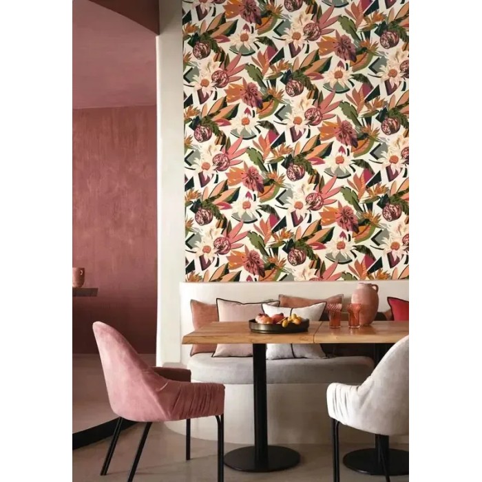 Casamance|Papier peint tropical fleurs caraïbes multicolores mat|Rétro