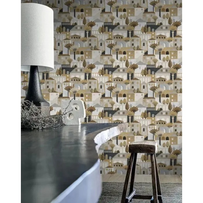 Casamance|Papel pintado figurativo Cinque Terre paisaje beige y marrón|Figurativo