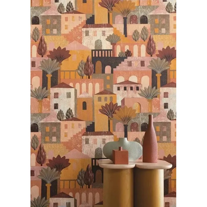 Casamance|Papier peint figuratif Cinque Terre paysage brun et orange|Figuratif