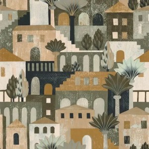 Casamance|Papier peint figuratif Cinque Terre paysage brun et orange|Figuratif