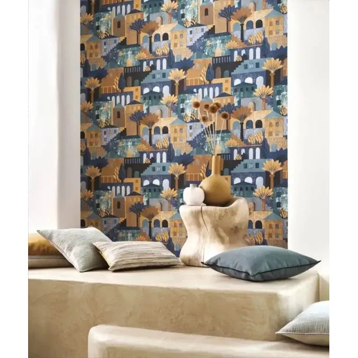 Casamance|Wallpaper figurative Cinque Terre landscape blue and brown|Figurative
