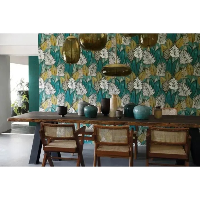 Casamance|Wallpaper tropical sabal palm leaves green and turquoise|Ethnic