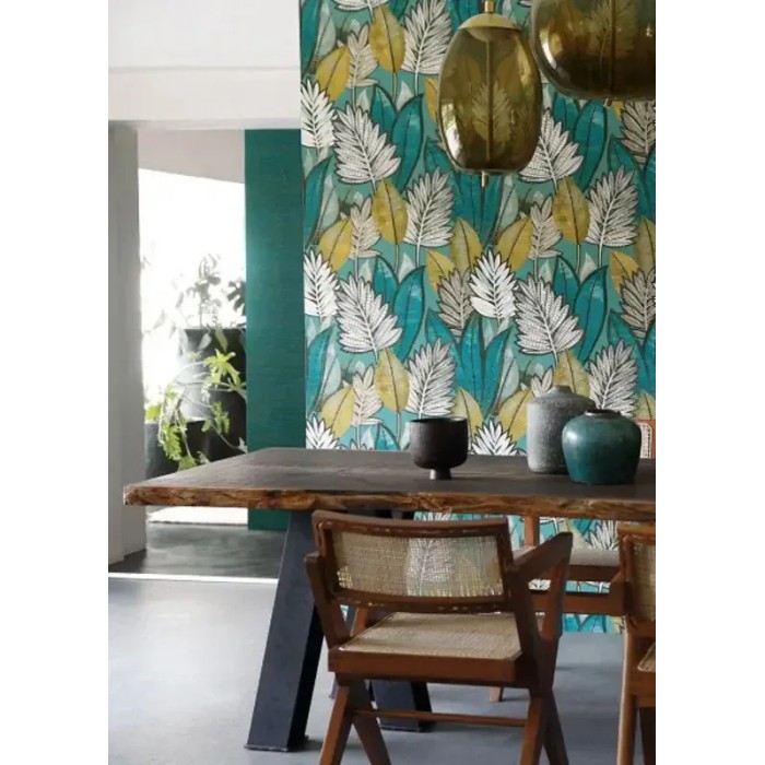 Casamance|Papier peint tropical feuilles de palmier sabal vert et turquoise|Ethnique