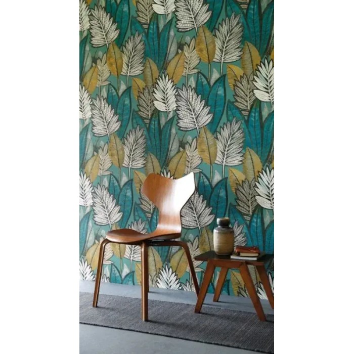 Casamance|Papier peint tropical feuilles de palmier sabal vert et turquoise|Ethnique