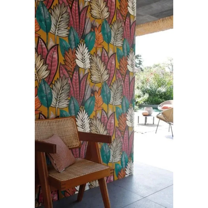 Casamance|Papier peint tropical feuilles de palmier sabal multicolores|Ethnique