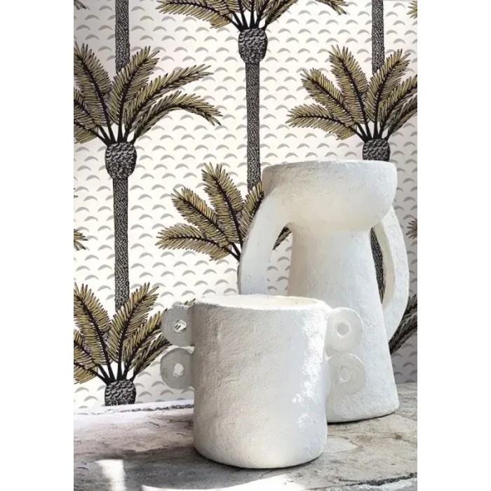 Casamance|Tropische Tapete Palmen weiß-gold|Hochwertige
