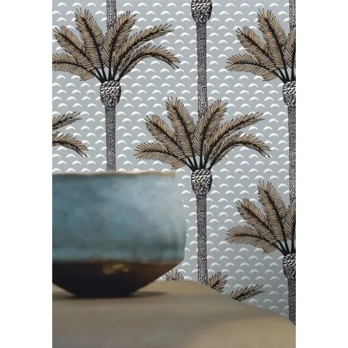 Casamance|Papier peint tropical palmiers gris et bleu pierre|Haut Gamme