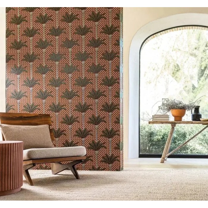 Casamance|Papier peint tropical palmiers terre cuite et orange|Papier Peint