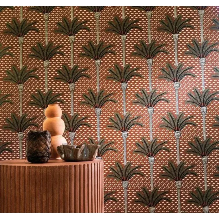 Casamance|Papier peint tropical palmiers terre cuite et orange|Papier Peint