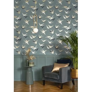 Casadeco|Papier peint Art Déco bleu avec élégantes hirondelles en vol|Art Déco 2