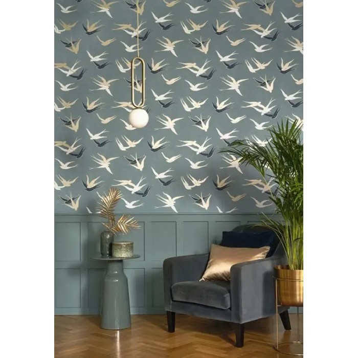 Casadeco|Papel pintado elegante estilo Art Deco verde con pájaros|Art Deco