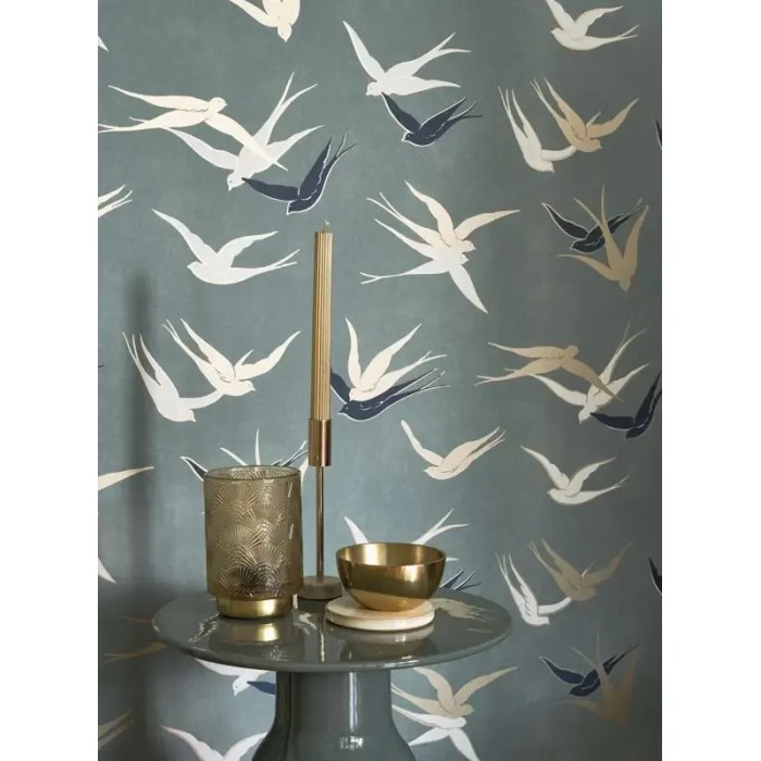 Casadeco|Papier peint Art Déco vert élégant avec oiseaux|Art Déco