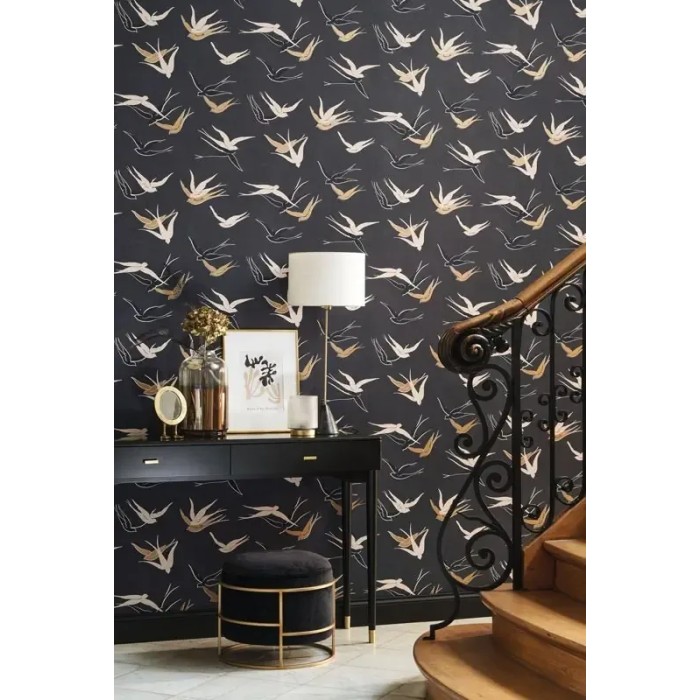 Casadeco|Art Deco wallpaper with birds and elegant black-gold combination|Art Deco