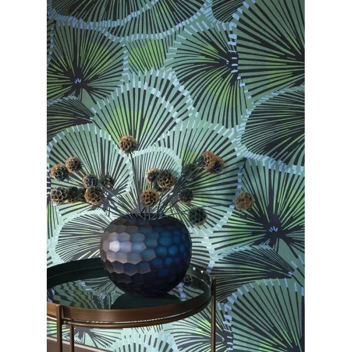 Casadeco|Art-Déco-Tapete mit metallischen grünen Cabaret-Fächern|Tapeten
