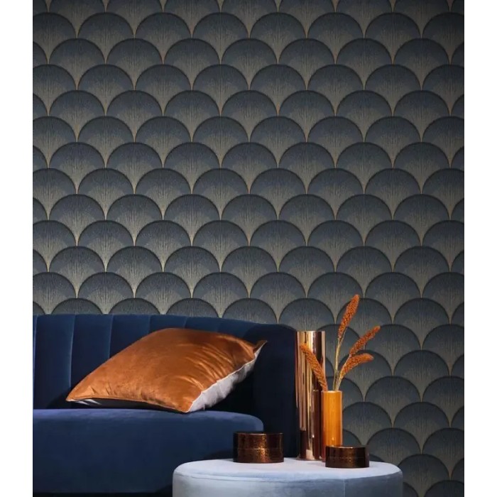 Casadeco|Modern blue Art Deco wallpaper with shimmering effect|Art Deco