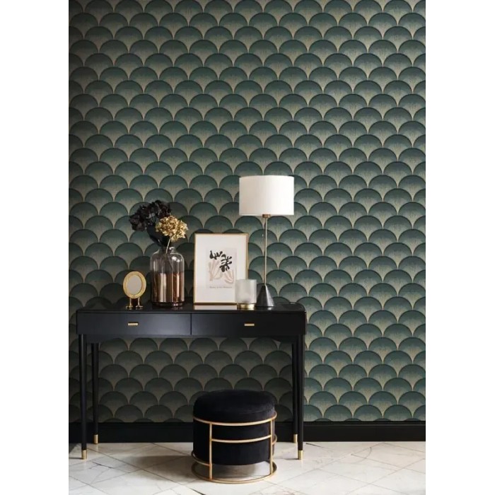 Casadeco|Grün-goldene Art-Déco-Tapete mit irisierenden Formen|Art Deco