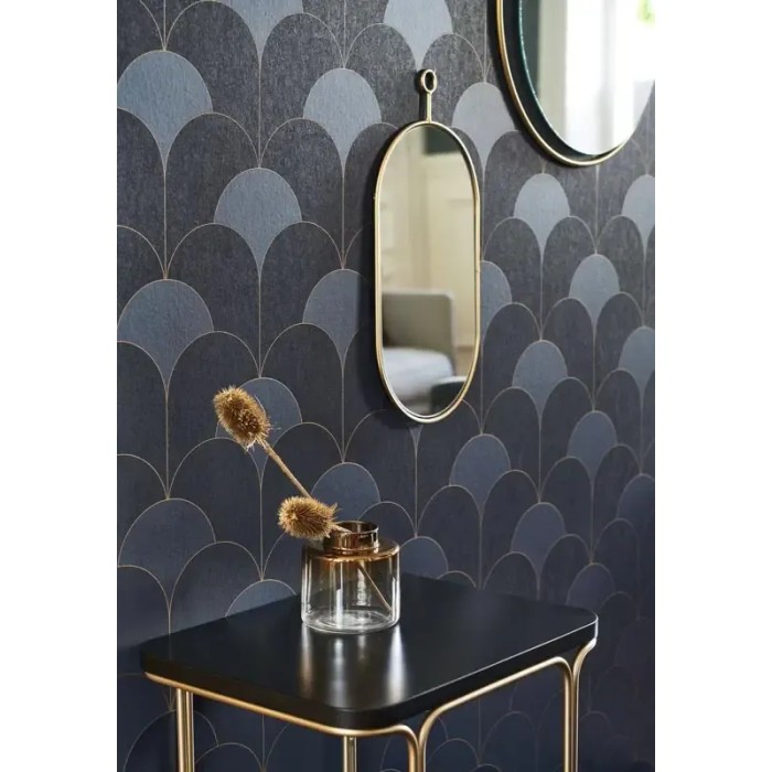 Casadeco|Glamorous Art Deco wallpaper with blue arcs and metallic gold|Art Deco