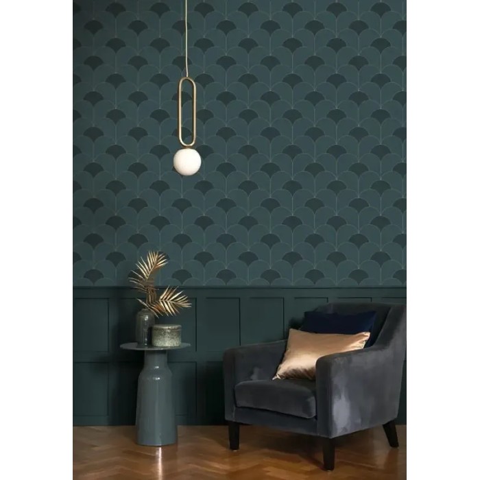 Casadeco|Papier peint Art Déco vert avec arcs géométriques dorés métallisés|Art Déco