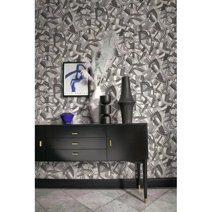 Casadeco|Papel pintado Art Deco blanco y negro con arpas y partituras|Art Deco