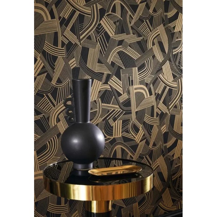 Casadeco|Black and gold Art Deco wallpaper with original harp and sheet music design|Retro