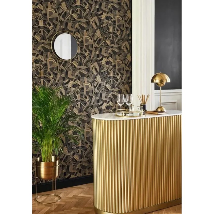 Casadeco|Black and gold Art Deco wallpaper with original harp and sheet music design|Retro