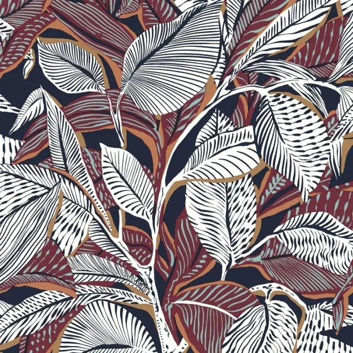 Casadeco|Papel pintado floral moderno hojas grandes blancas y burdeos|Moderno