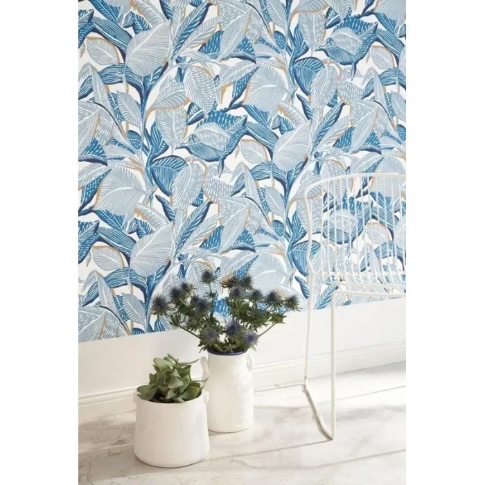 Casadeco|Blue floral wallpaper with large leaves, ideal for bedroom|Wallpaper