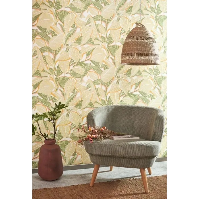 Casadeco|Papier peint floral à grandes feuilles vertes sur fond blanc|Papier Peint