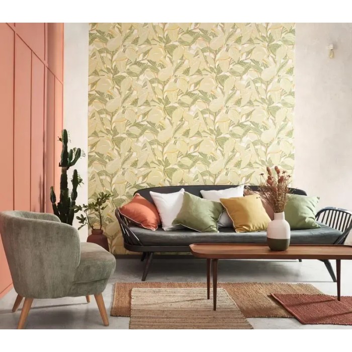 Casadeco|Florale Tapete mit großen grünen Blättern auf weißem Hintergrund|Tapeten