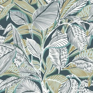 Casadeco|Floral wallpaper with large blue and white leaves|Wallpaper