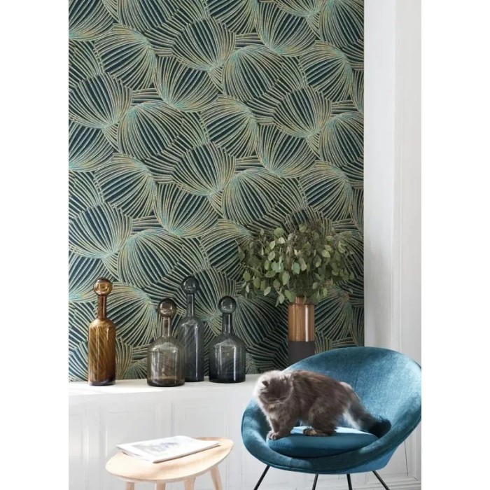 Casadeco|Elegante Blumentapete mit glänzenden blauen und grünen Akzenten|Modern