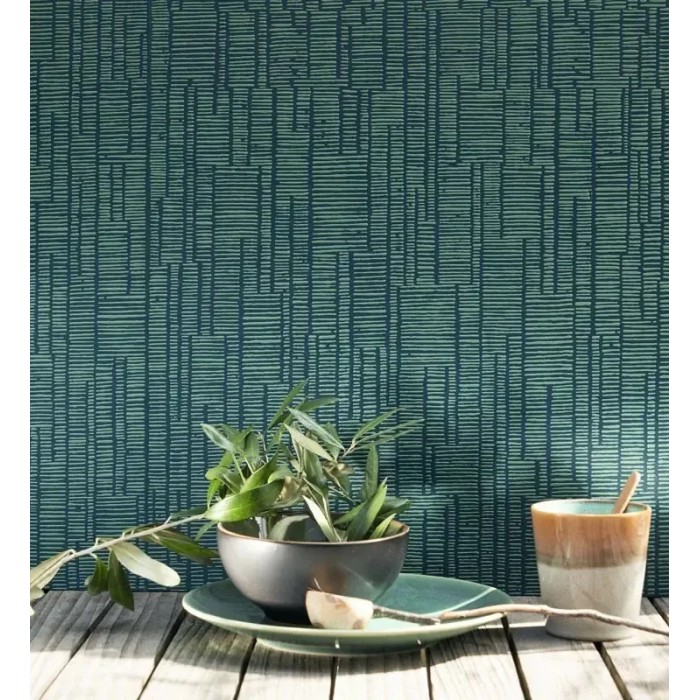 Casadeco|Papier peint vert émeraude avec relief et motif rayé moderne|Imitation Raphia