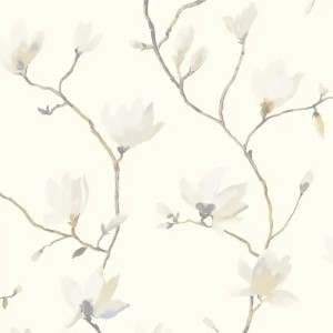 Casadeco|Japanese style floral wallpaper with bluish gray magnolias|Floral