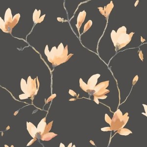 Casadeco|Japanese style floral wallpaper with bluish gray magnolias|Floral