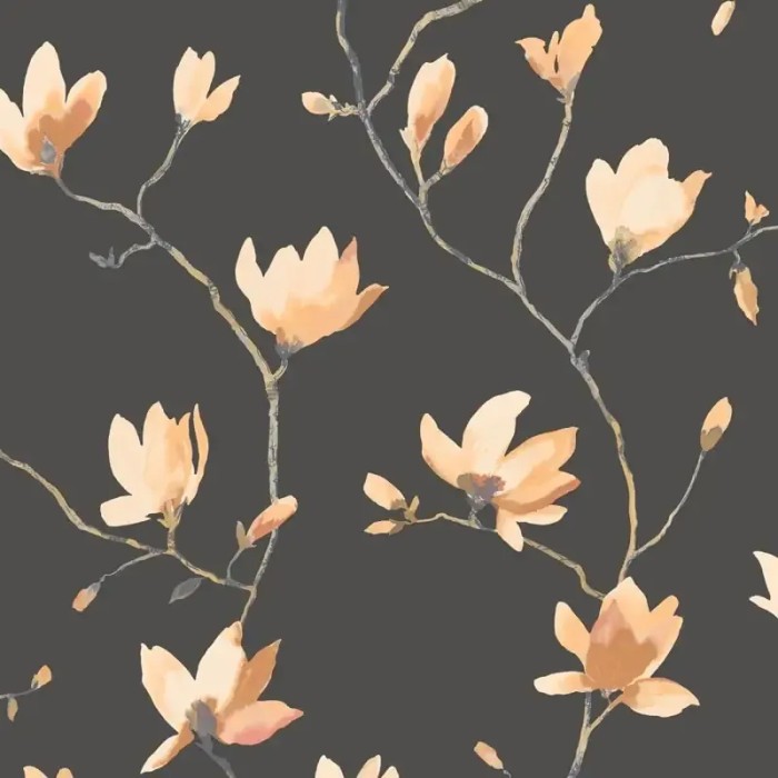 Casadeco|Papel Pintado flores japonesas efecto acuarela negro naranja|Floral