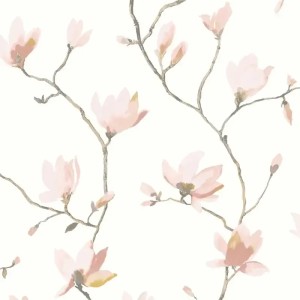 Casadeco|Japanese style floral wallpaper with bluish gray magnolias|Floral