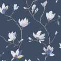 Casadeco|Orientalische Tapete mit blauen Aquarell-Magnolien|Blumen