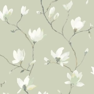 Casadeco|Japanese style floral wallpaper with bluish gray magnolias|Floral