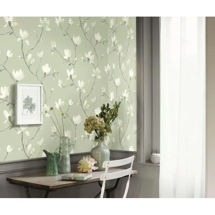 Casadeco|Papier peint floral style japonais, magnolias gris bleuté|Floral