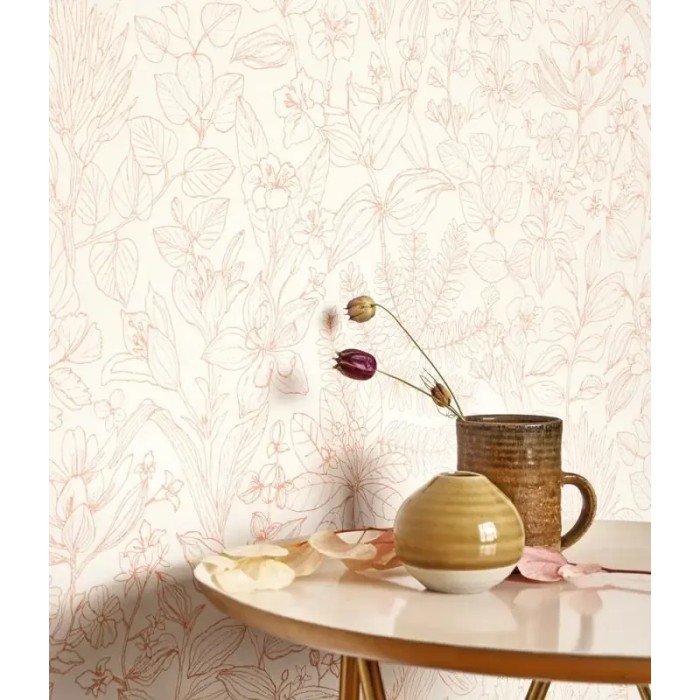 Casadeco|Wildflower wallpaper in white with coral-colored foliage|Wallpaper