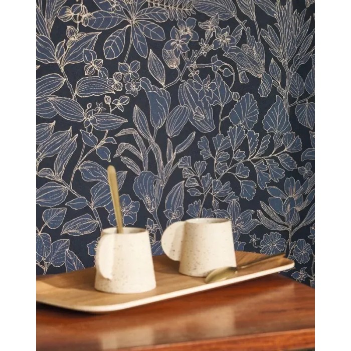 Casadeco|Papier peint fleurs sauvages effet métallisé noir et bleu|Papier Peint