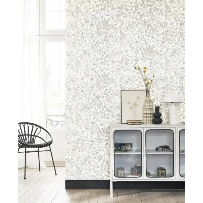 Casadeco|Papel Pintado escandinavo flores silvestres blanco y negro|Escandinavo